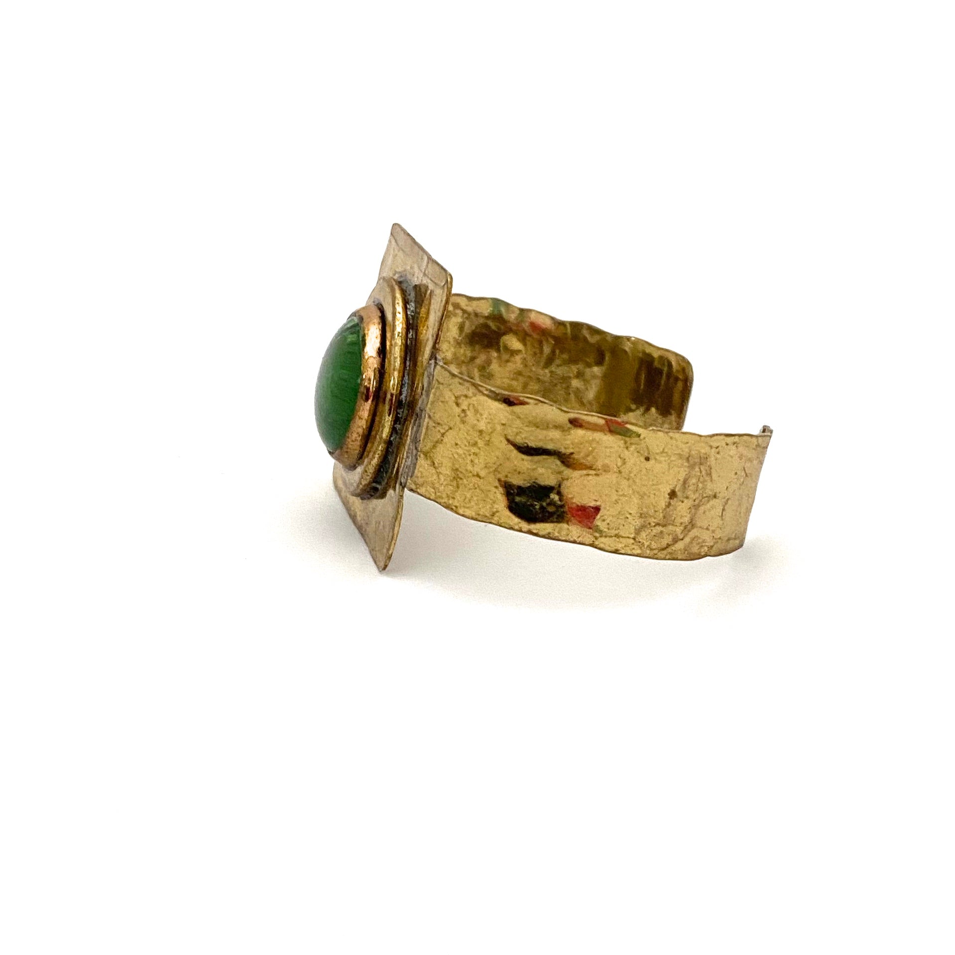 profile Rafael Alfandary Canada vintage brutalist brass glass clear grass green cuff bracelet mid century jewelry design 1970s