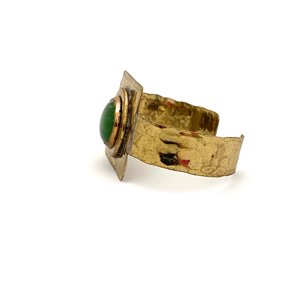 profile Rafael Alfandary Canada vintage brutalist brass glass clear grass green cuff bracelet mid century jewelry design 1970s