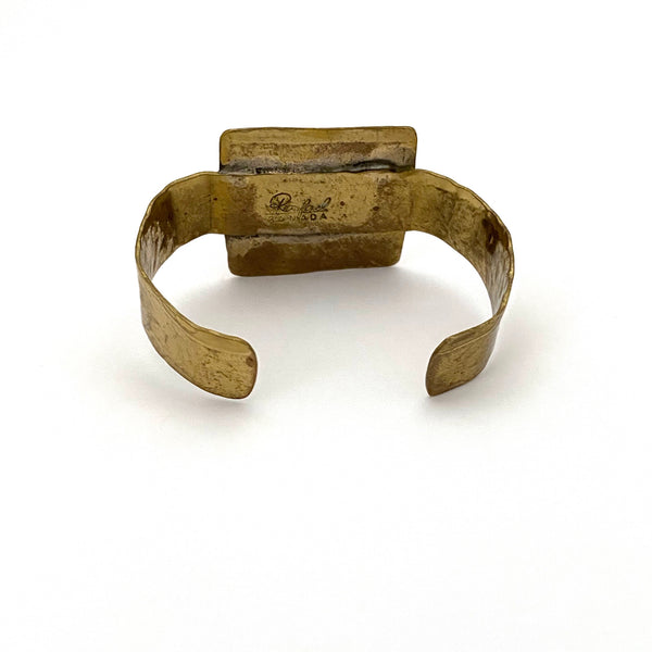 Rafael Canada brass cuff bracelet ~ clear grass green round cabochon