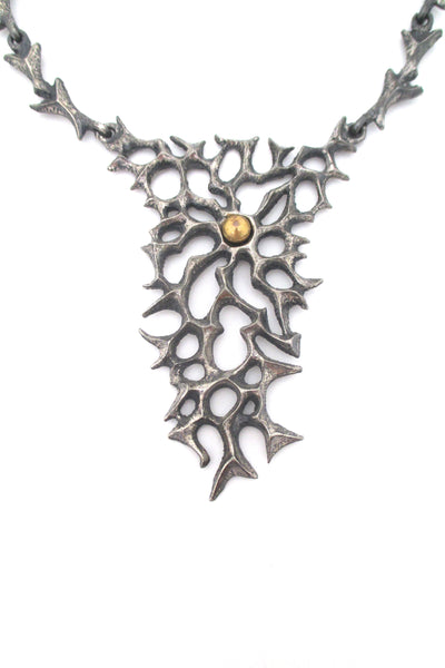 detail Robert Larin Canada vintage brutalist pewter and bronze sphere large bib necklace