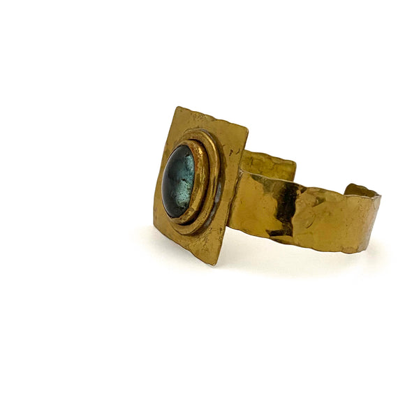 Rafael Canada brass cuff bracelet ~ clear steel blue oval cabochon
