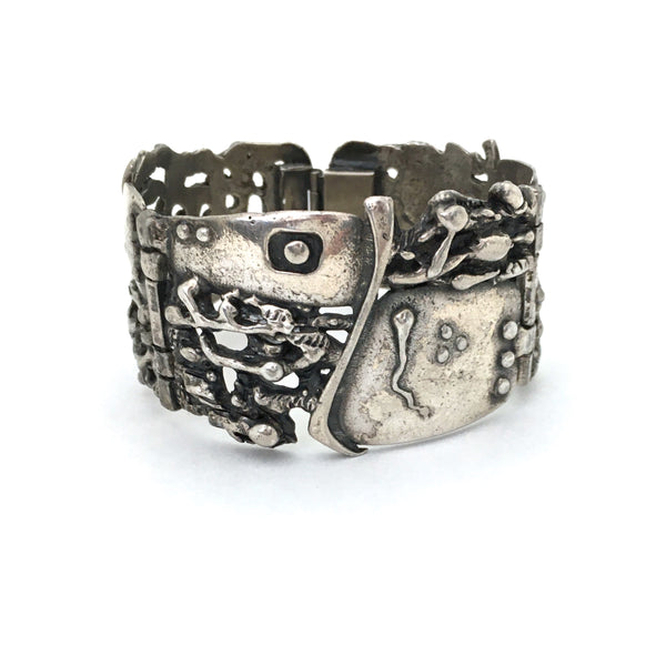 detail Guy Vidal Canada vintage brutalist pewter hinged panel link bracelet Fertility pattern Canadian design art sculpture