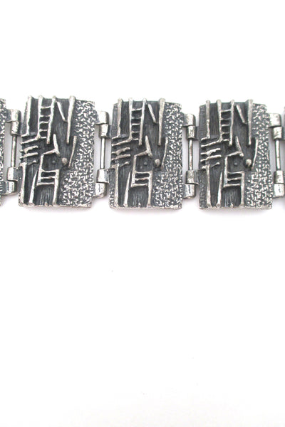 detail Robert Larin Canada vintage brutalist textured pewter wide panel link bracelet