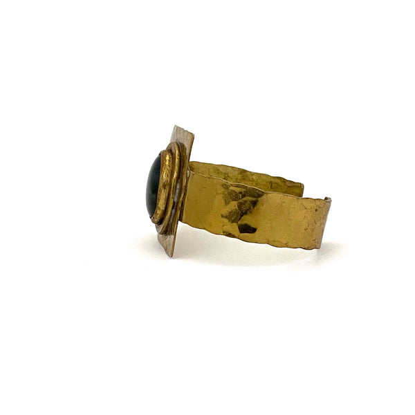 profile Rafael Alfandary Canada vintage brutalist brass glass clear grass green cuff bracelet mid century jewelry design 1970s