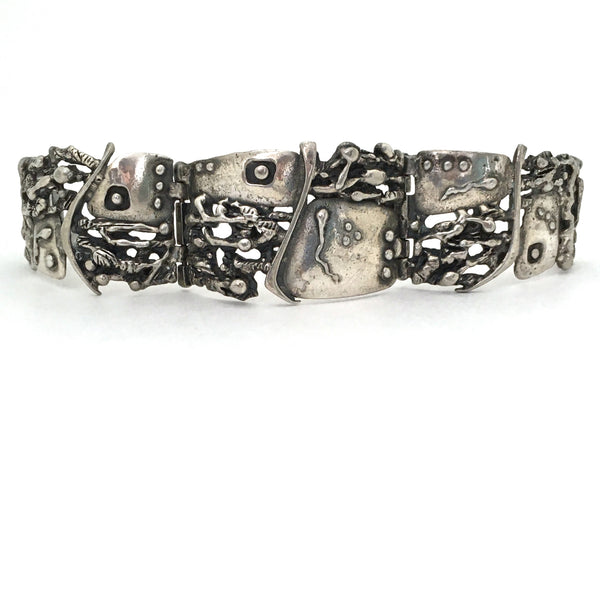 opened Guy Vidal Canada vintage brutalist pewter hinged panel link bracelet Fertility pattern Canadian design art sculpture