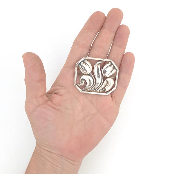 scale Carl Poul Petersen Canada large vintage silver tulips flower brooch Georg Jensen training