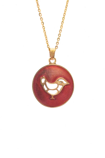 detail Bernard Chaudron Canada vintage Modernist resin enamel song bird pendant necklace orange