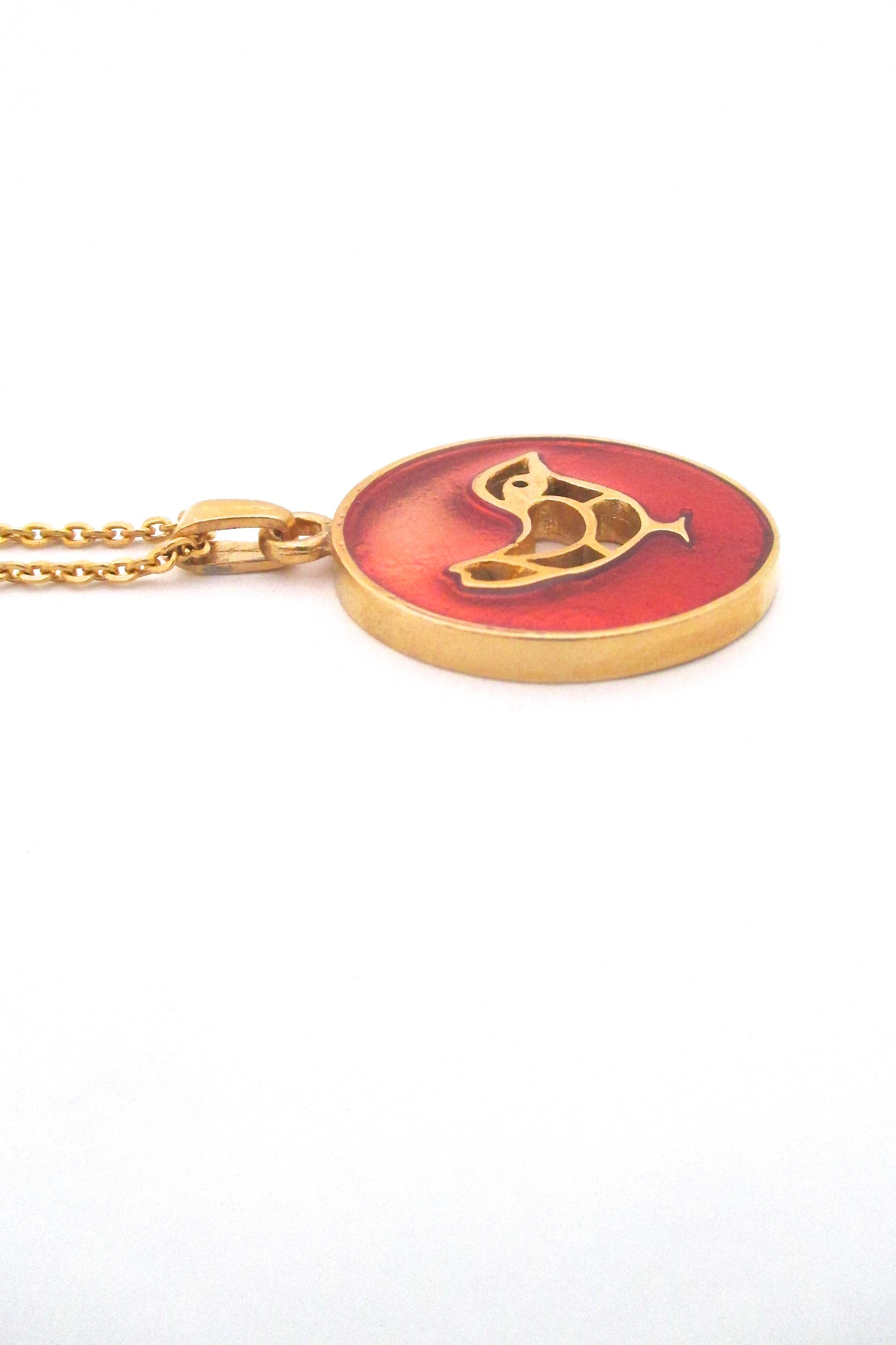 profile Bernard Chaudron Canada vintage Modernist resin enamel song bird pendant necklace orange