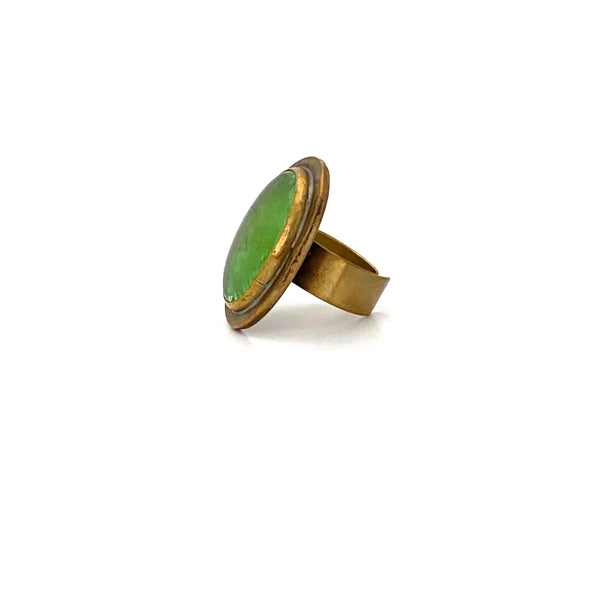 profile Rafael Canada Alfandary vintage large brutalist brass oval ring clear grass green
