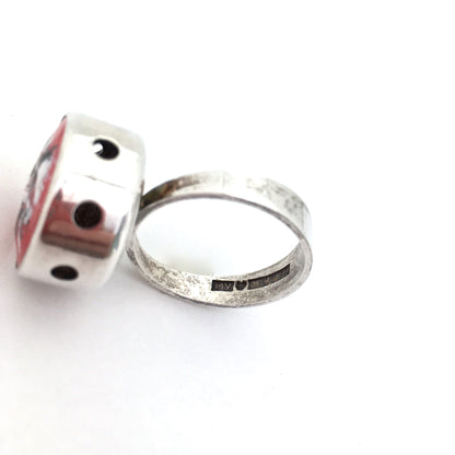 Martti Viikinniemi large silver and enamel ring ~ red, black & white