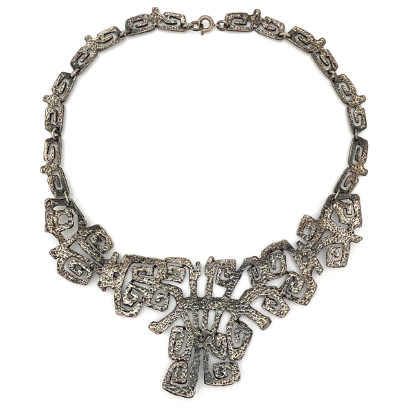 Guy Vidal Canada brutalist pewter 'squared spirals' bib necklace