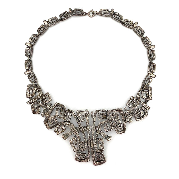 Guy Vidal Canada brutalist pewter 'squared spirals' bib necklace