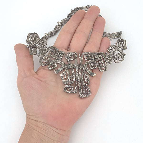 scale Guy Vidal Canada vintage brutalist pewter squared spirals bib necklace Canadian design jewelry