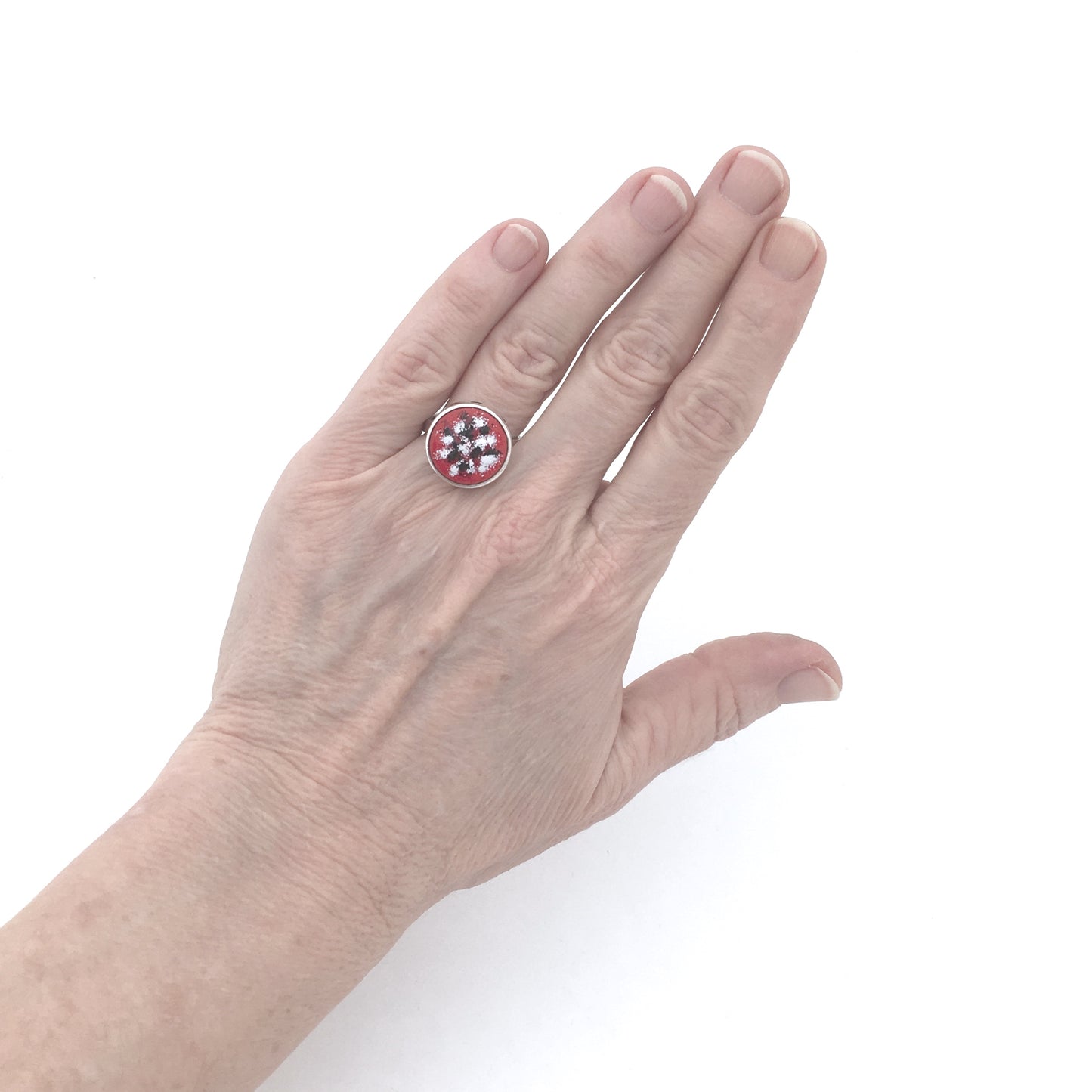 Martti Viikinniemi large silver and enamel ring ~ red, black & white