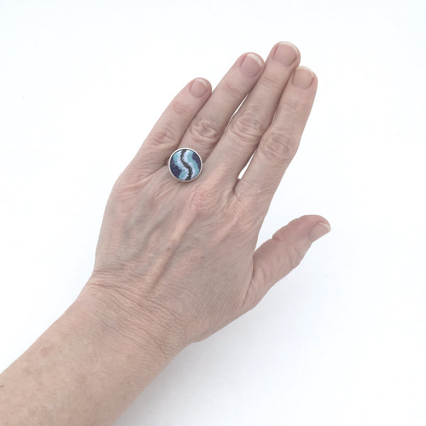 Martti Viikinniemi large silver and enamel ring ~ blues, black & turquoise