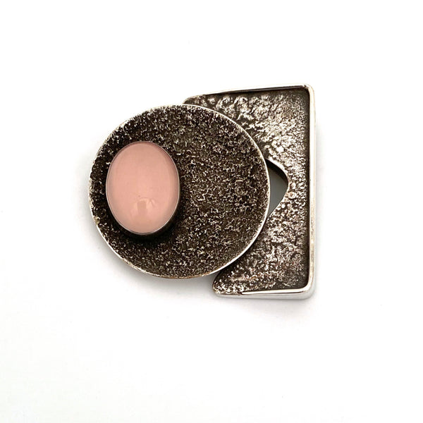 textured silver & pink moonstone brooch