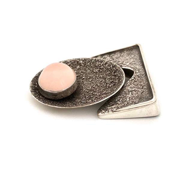 textured silver & pink moonstone brooch