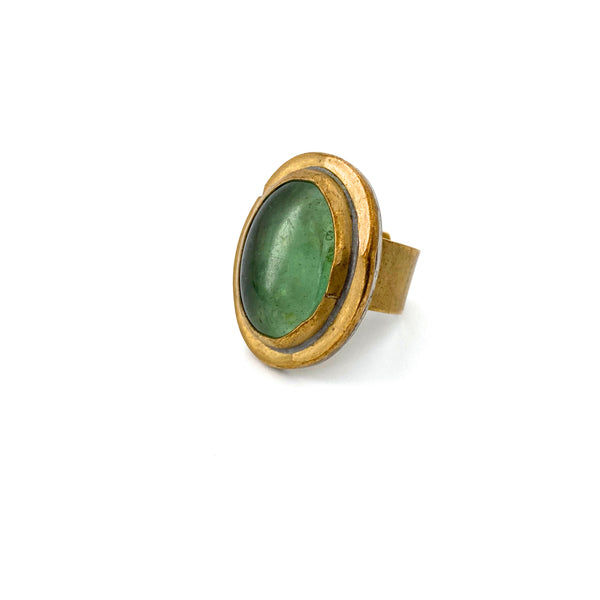 detail Rafael Canada Alfandary vintage brutalist brass oval ring clear grass green