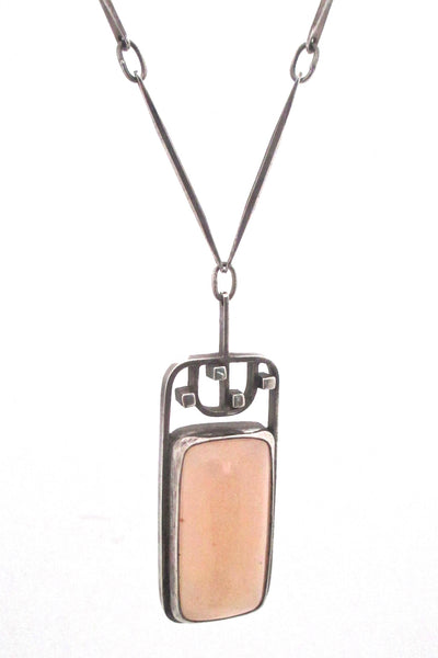 detail vintage studio made mid century Modernist silver rose quartz pendant necklace