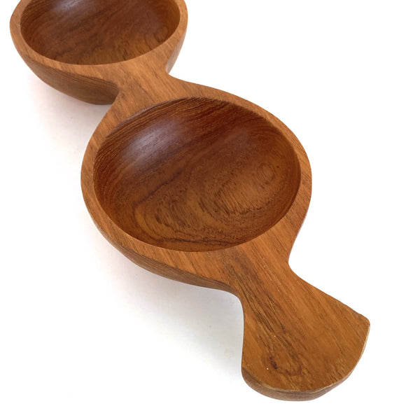 detail vintage mid century modern teak double bowl serving dish