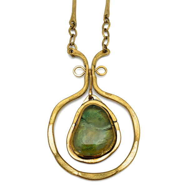 Rafael Canada large brass classic kinetic necklace ~ clear pale green stone
