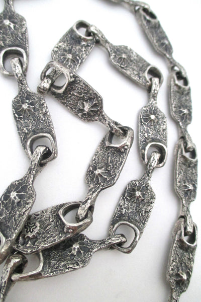 detail Guy Vidal Canada vintage brutalist pewter mid century long link chain necklace 