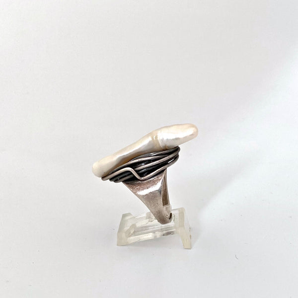 detail Francisco Rebajes USA sterling silver natural pearl ring American Modernist jewelry design