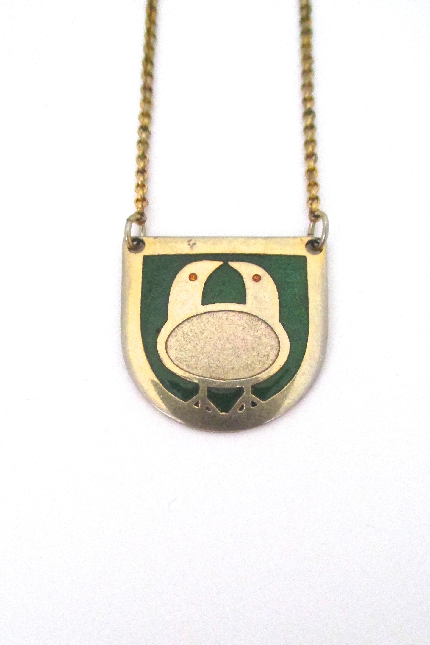 detail de Passille Sylvestre Canada vintage mid century enamel two birds and an egg necklace