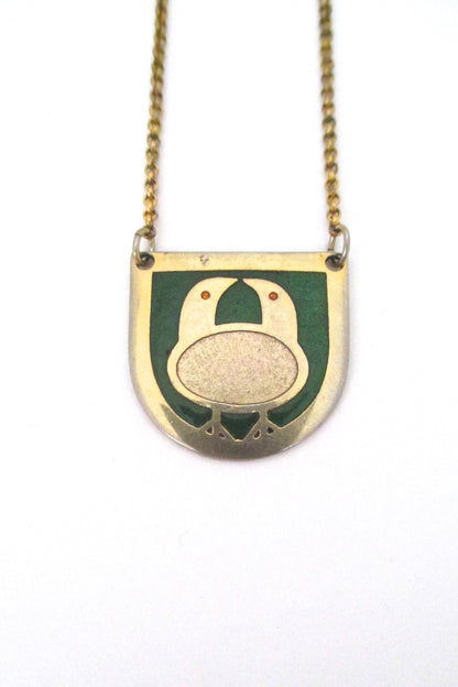 detail de Passille Sylvestre Canada vintage mid century enamel two birds and an egg necklace