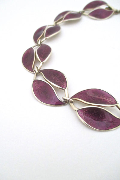 detail David Andersen Norway vintage silver and enamel twin leaf necklace by Willy Winnaess