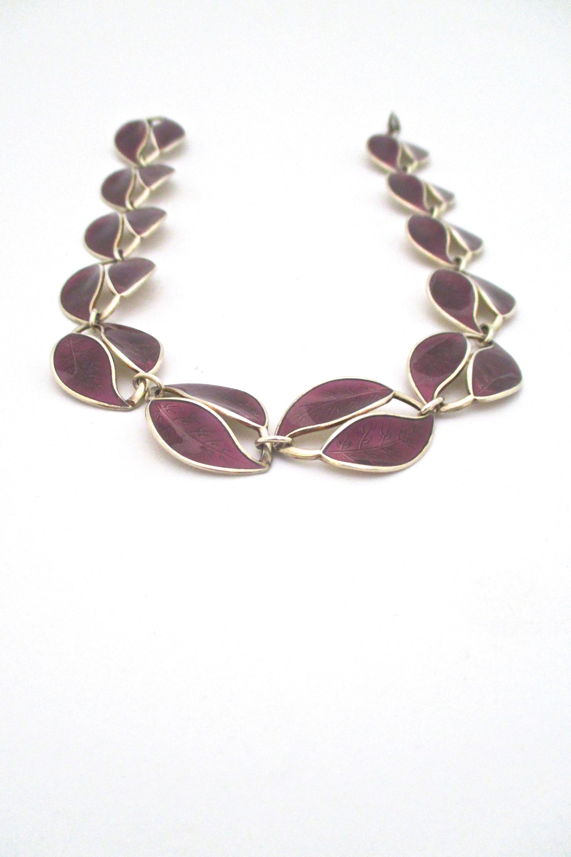 David Andersen Norway vintage silver and enamel twin leaf necklace by Willy Winnaess