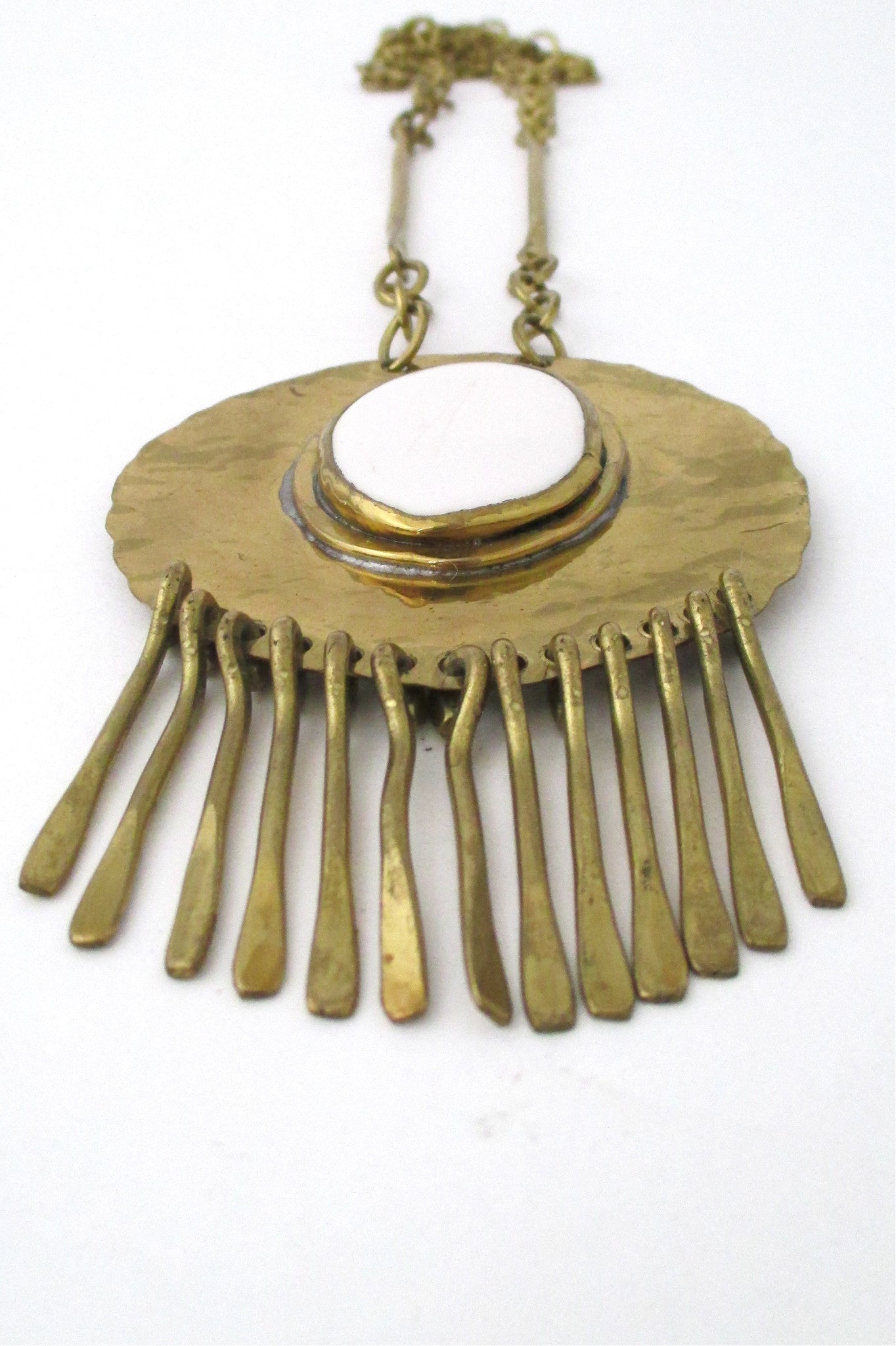 Rafael Alfandary Canada vintage brass large fringe necklace with white glass stone