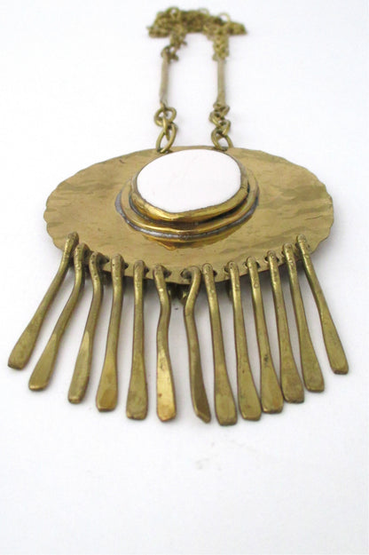 Rafael Alfandary Canada vintage brass large fringe necklace with white glass stone
