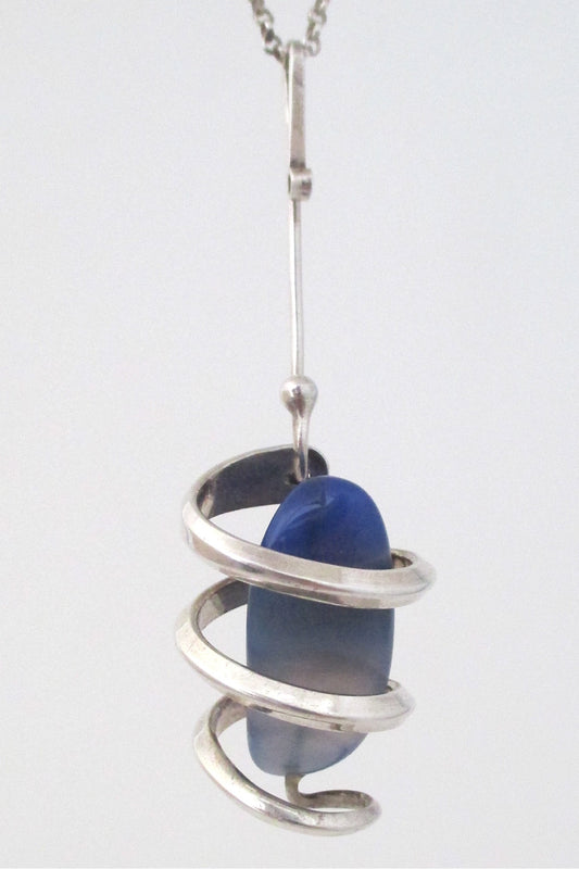 Anna Greta Eker Norway Design vintage modernist silver and banded agate pendant necklace