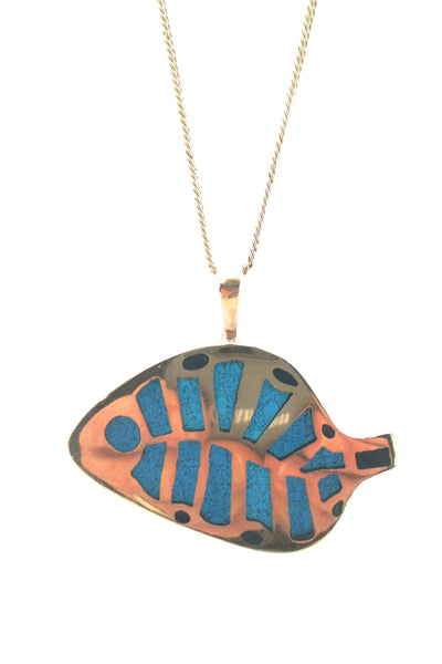 detail Bernard Chaudron Canada vintage bronze enamel abstract blue fish pendant necklace