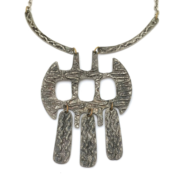 detail Robert Larin Canada vintage pewter brutalist large kinetic bib necklace Canadian Modernist jewelry design