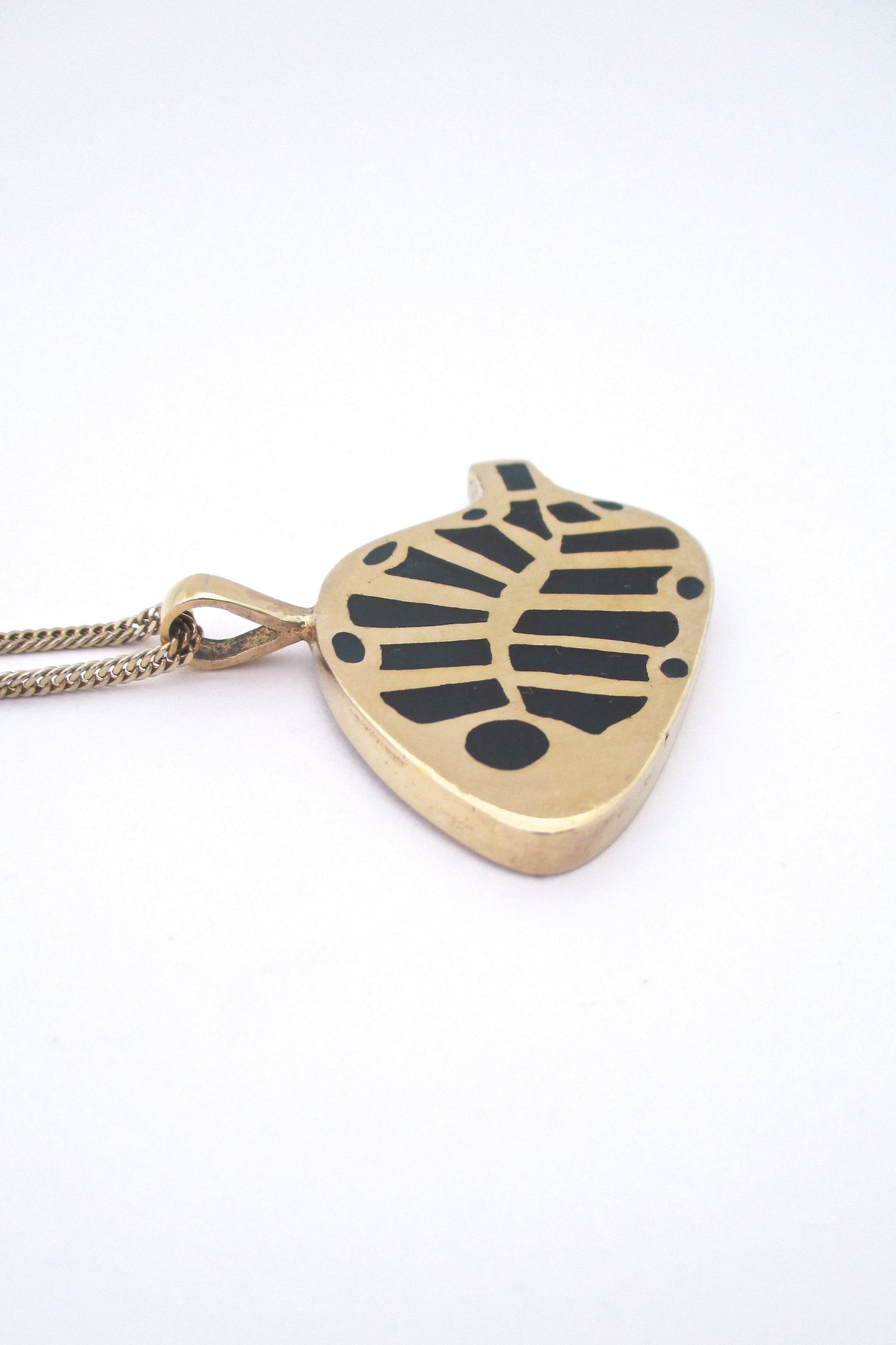 profile Bernard Chaudron Canada vintage bronze enamel abstract blue fish pendant necklace