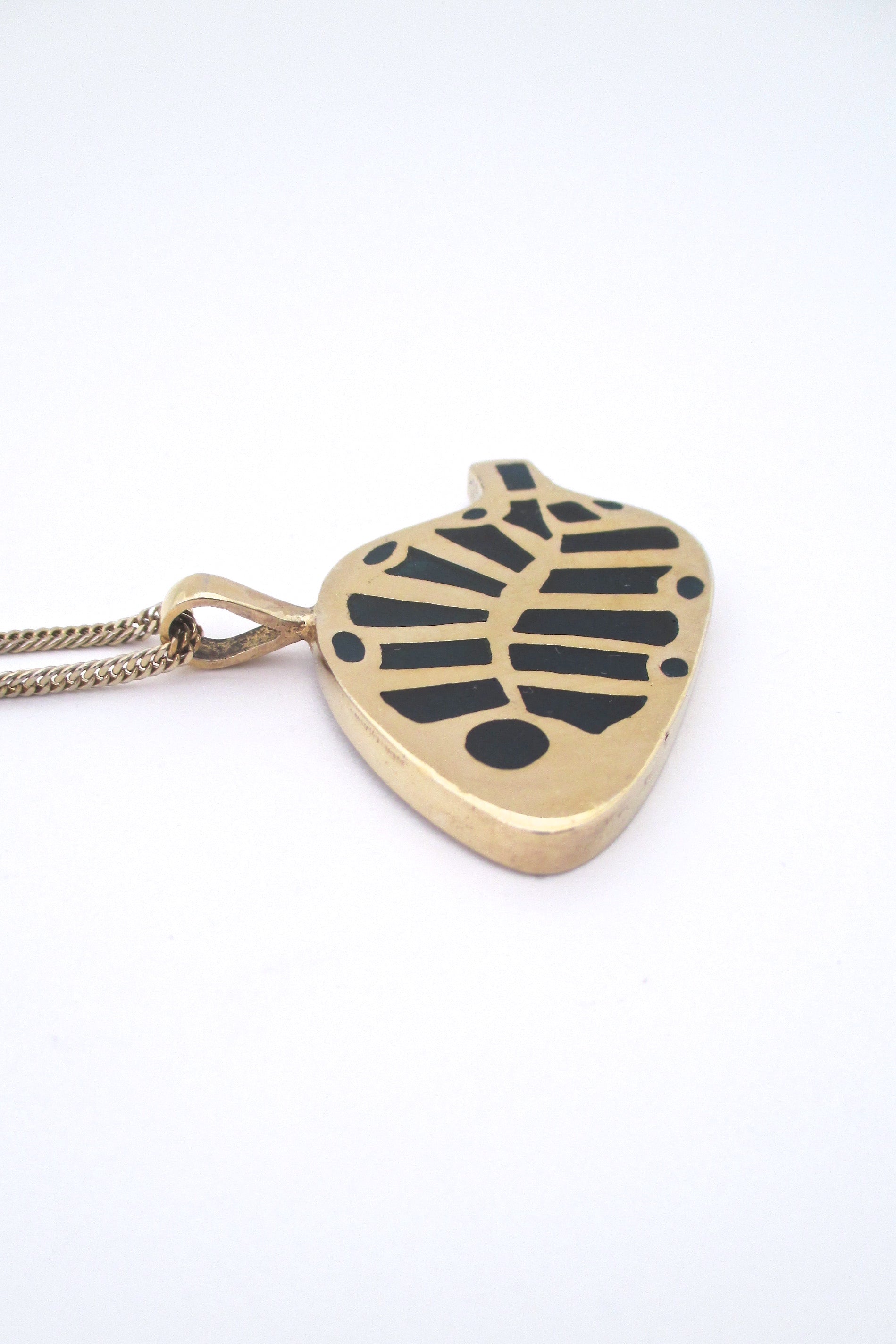 profile Bernard Chaudron Canada vintage bronze enamel abstract blue fish pendant necklace