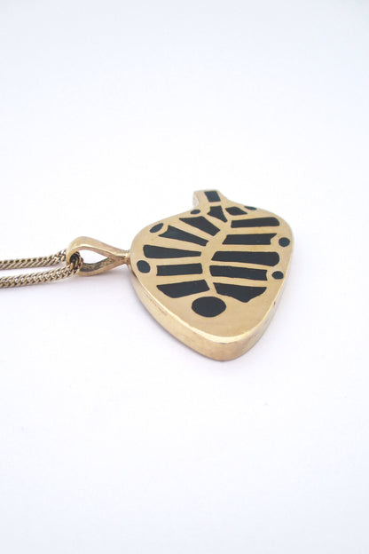 profile Bernard Chaudron Canada vintage bronze enamel abstract blue fish pendant necklace