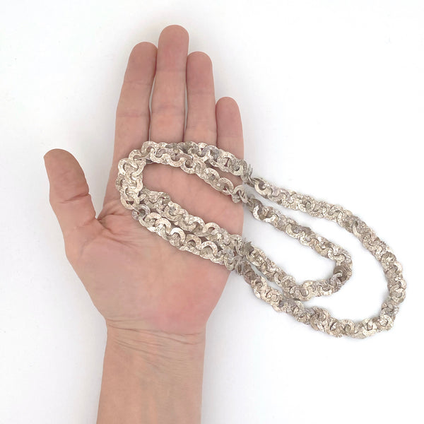 scale vintage textured silver long round link chain necklace