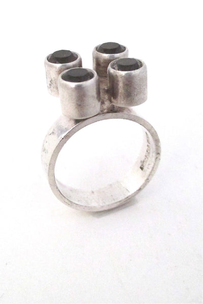 Elis Kauppi for Kupittaan Kulta Finland vintage modernist silver & smoky quartz 4 stone ring