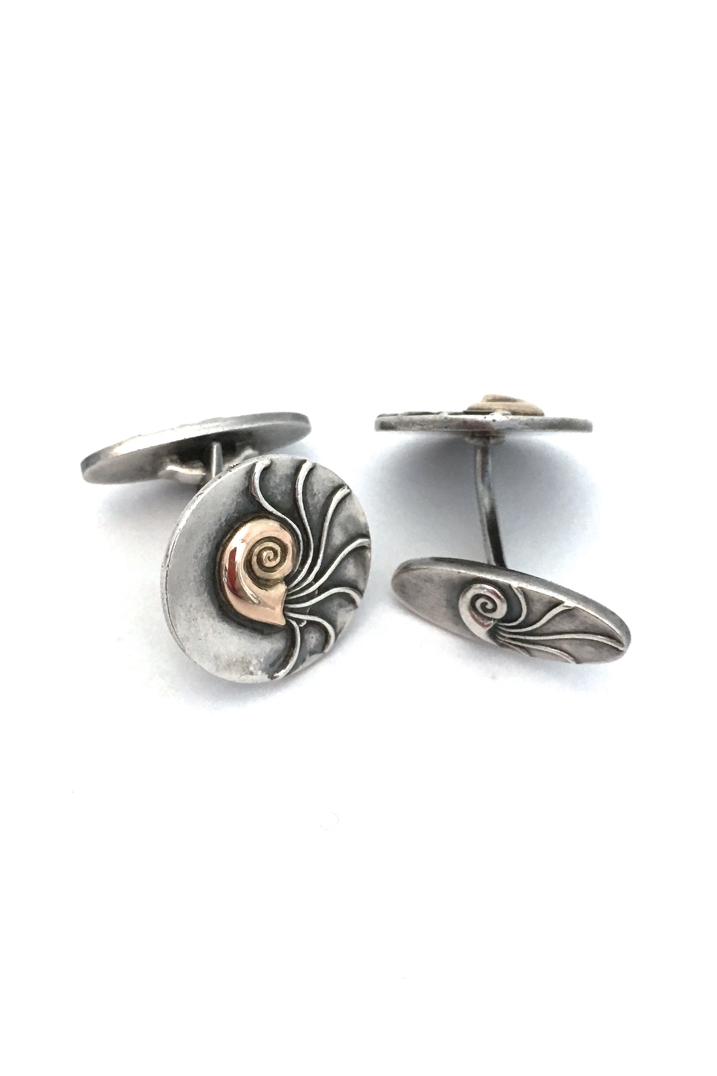 detail Georg Jensen Denmark vintage silver gold Nautilus cufflinks 52 by Henry Pilstrup