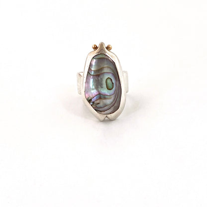 Walter Schluep large silver & abalone beetle ring ~ gold eyes