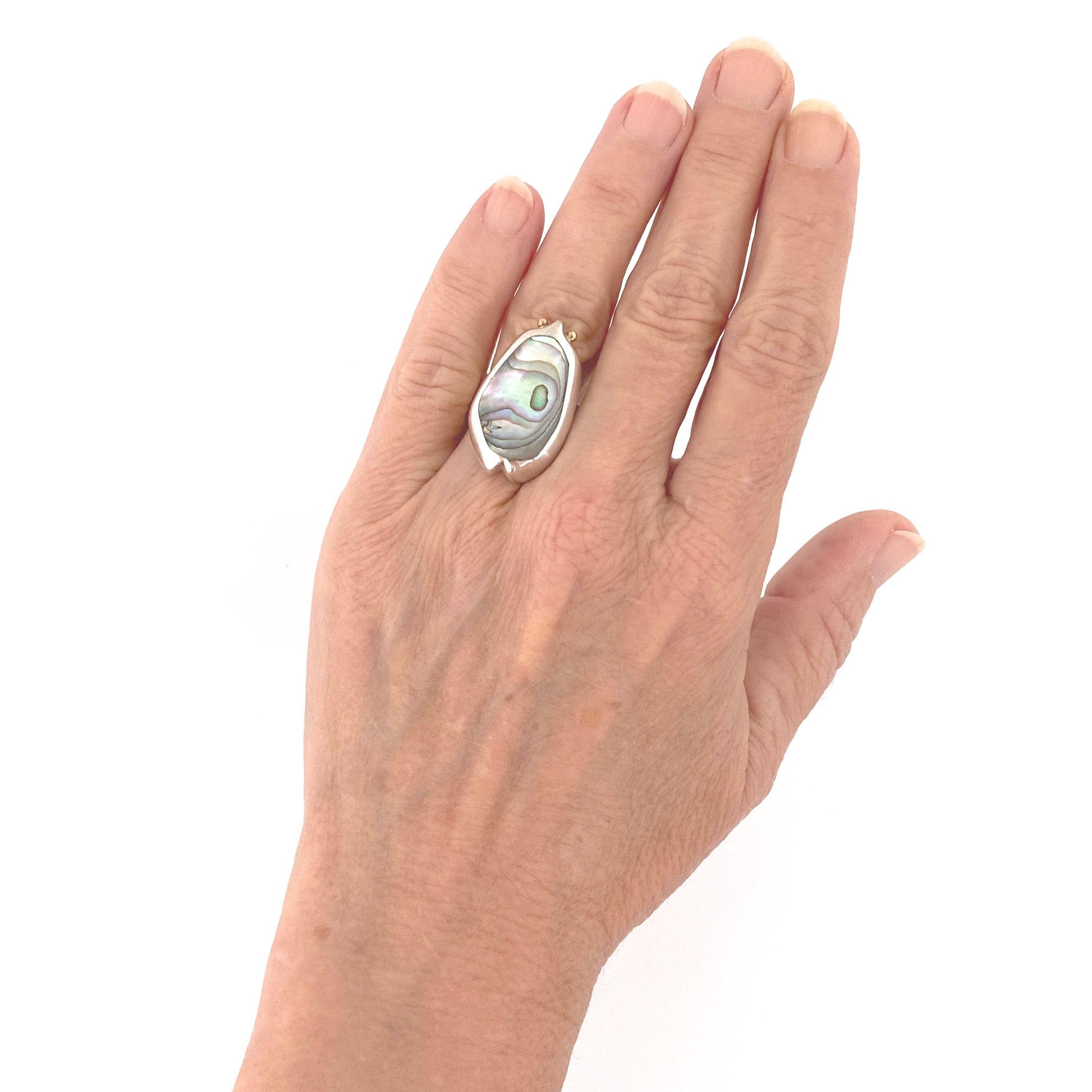 scale Walter Schluep Canada vintage large silver gold abalone beetle ring Canadian Modernist jewelry design