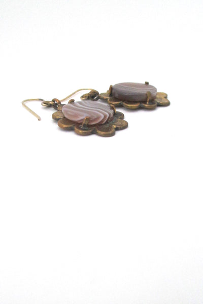 profile Pentti Sarpaneva Finland vintage bronze banded agate drop earrings 1970s