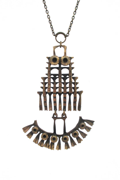 detail Pentti Sarpaneva Finland vintage bronze large kinetic pendant owl necklace