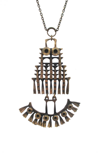 detail Pentti Sarpaneva Finland vintage bronze large kinetic pendant owl necklace