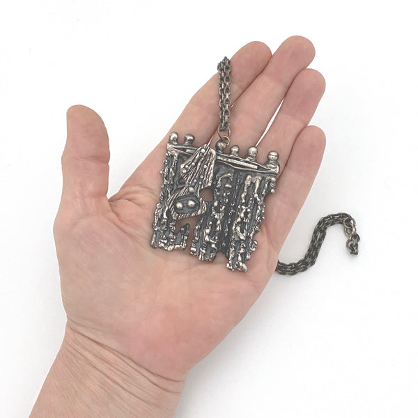detail scale Guy Vidal Canada vintage brutalist pewter pierced layered pendant necklace Canadian jewelry design