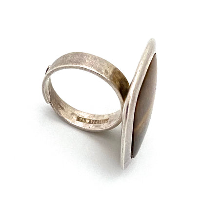 large Modernist silver & tiger eye square ring ~ Finland 1975