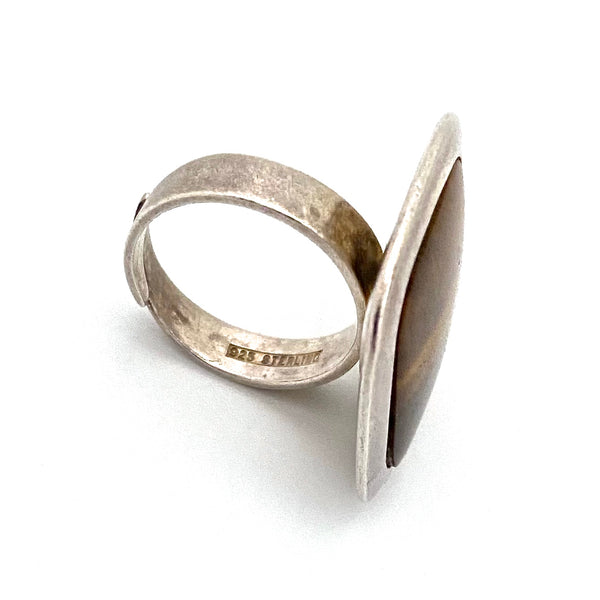 large Modernist silver & tiger eye square ring ~ Finland 1975